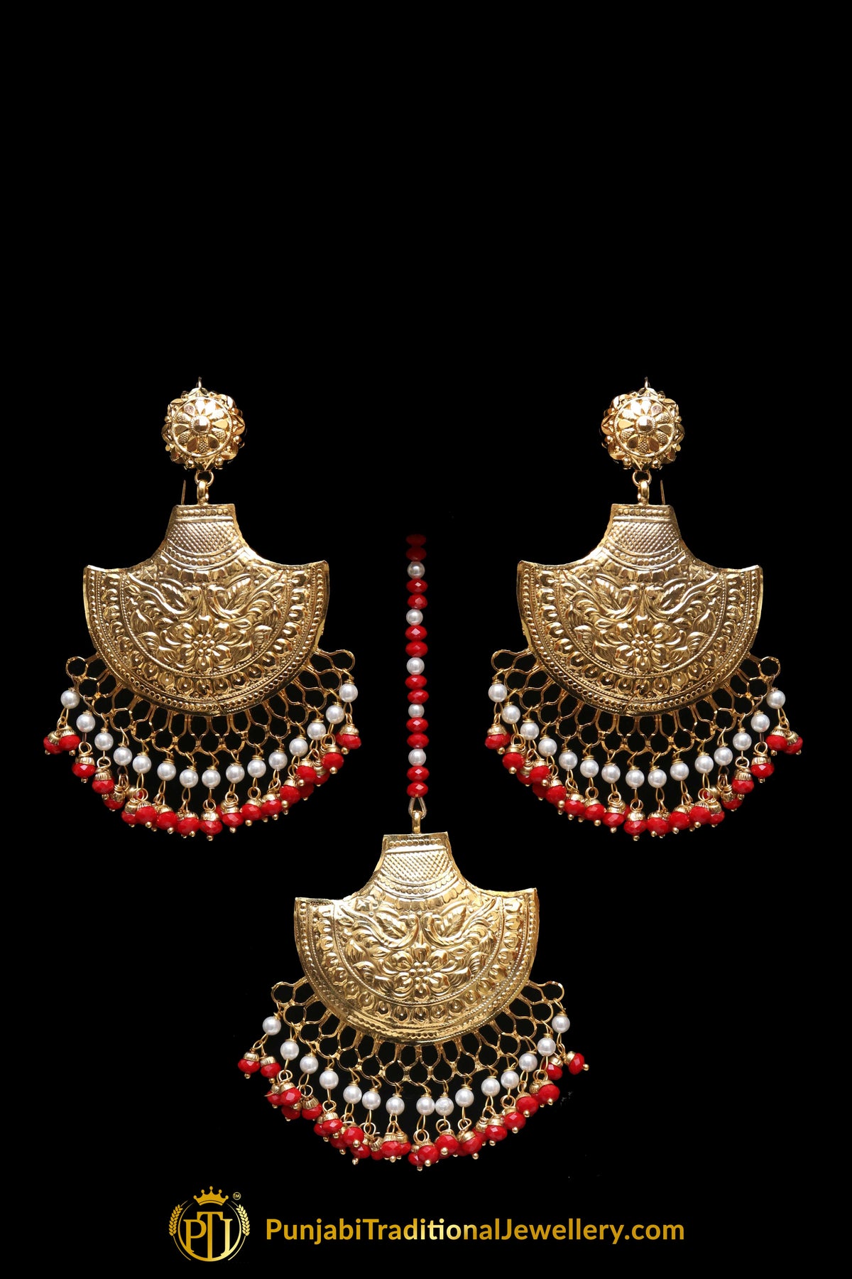 Red Earring Tikka Set By Punjabi Traditional Jewellery