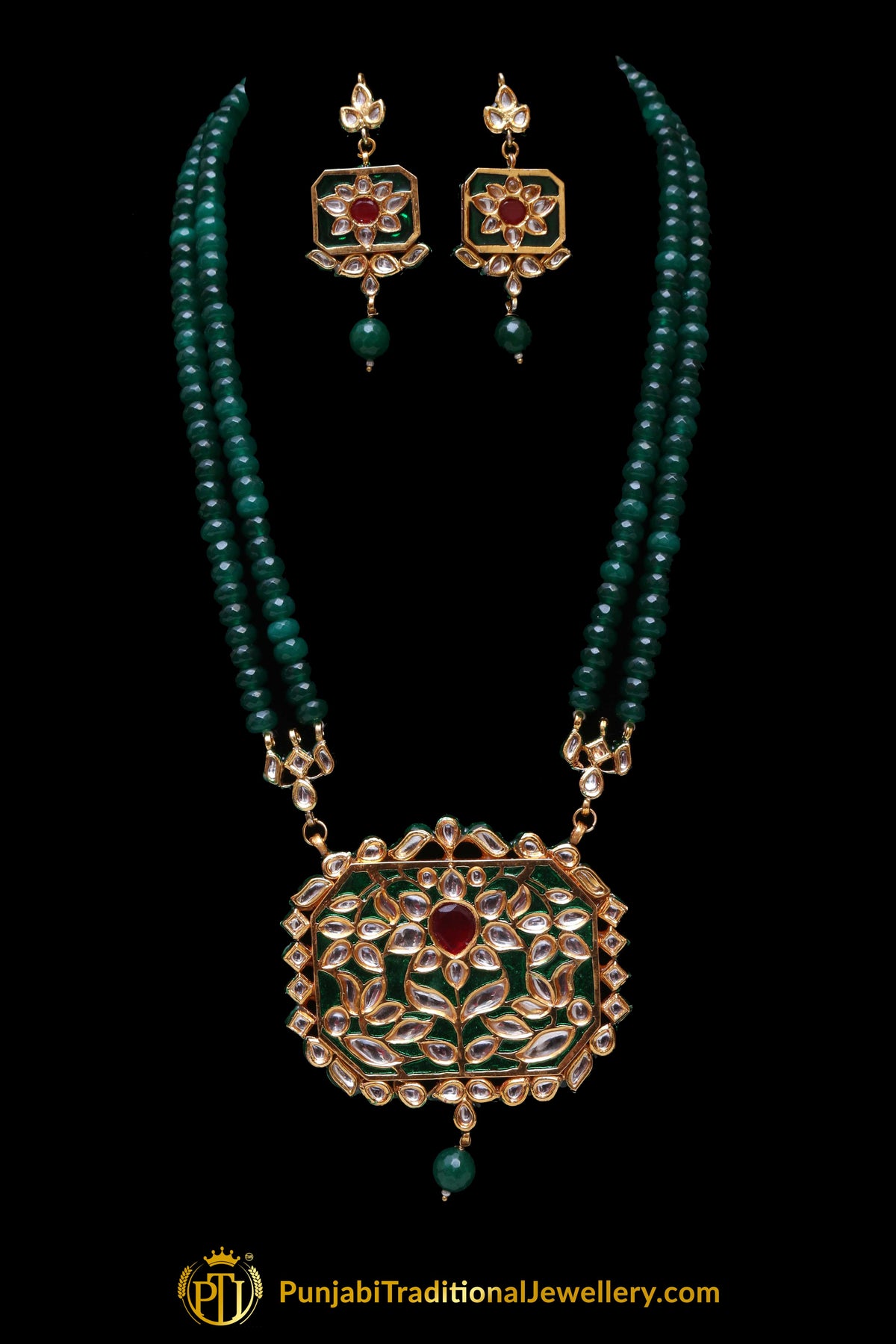 Green Kundan Mala Meena Necklace Set By Punjabi Traditional Jewellery