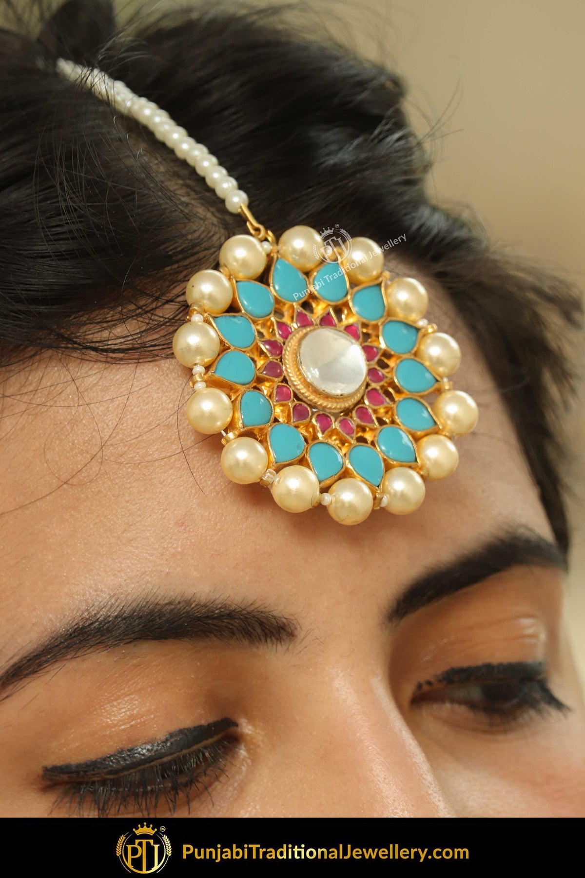laira Gold Finished Pearl Firozi Stud Tikka | Punjabi Traditional Jewellery Exclusiv