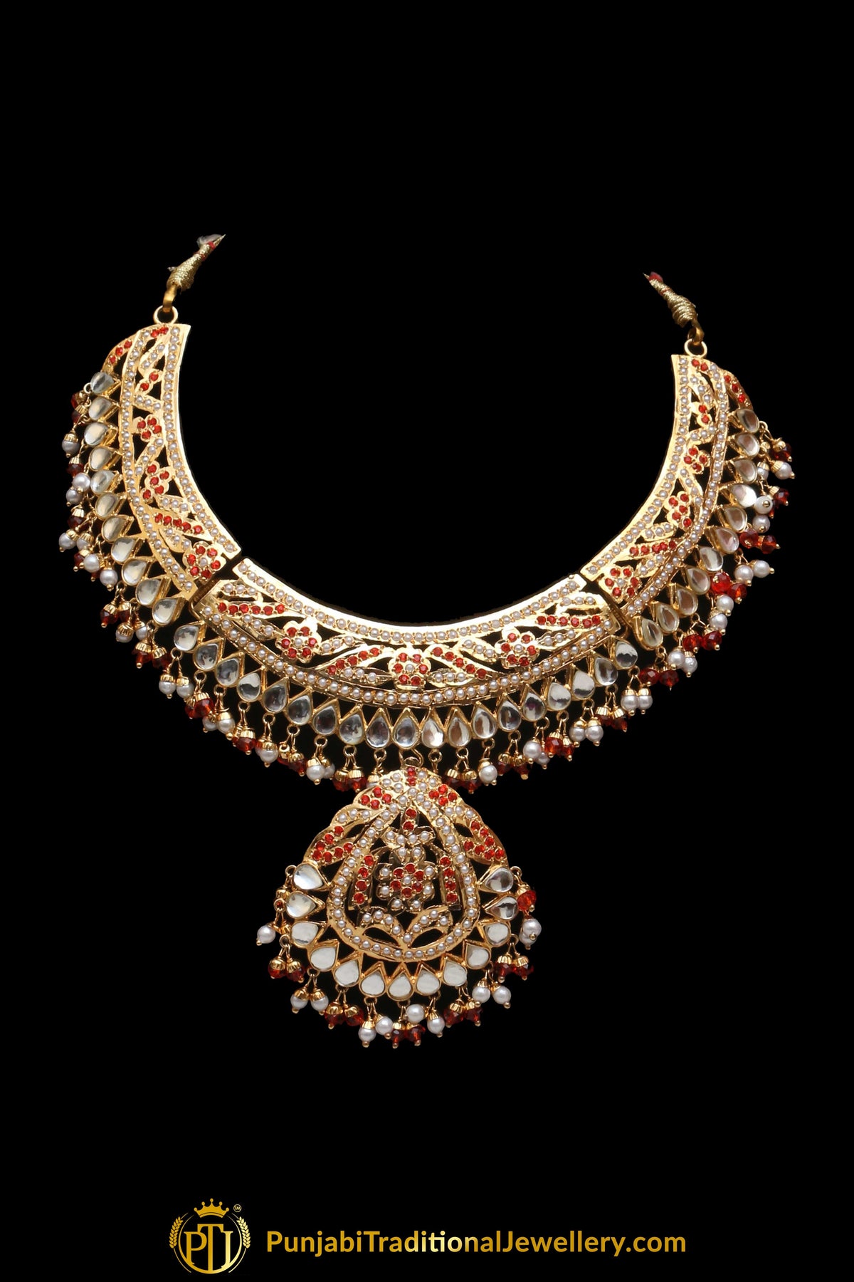Red Jadau Pearl Kundan Necklace Set By Punjabi Traditional Jewellery