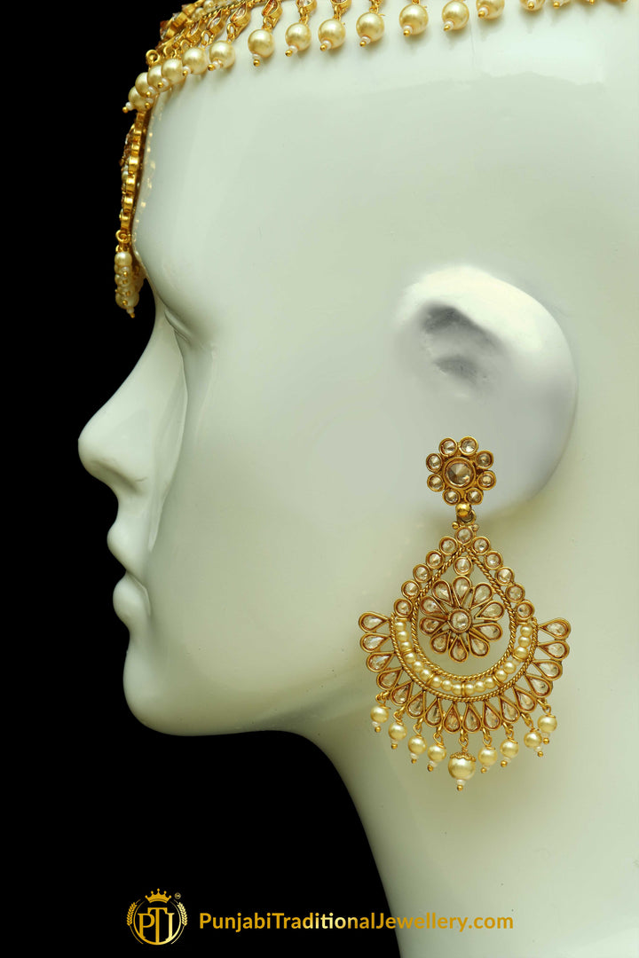 Golden Polki Matha Patti Earrings By Punjabi Traditional Jewellery