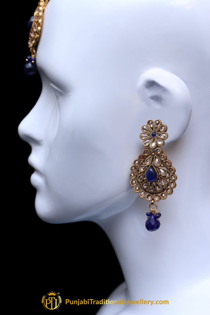 Blue Polki Earring Tikka Set By Punjabi Traditional Jewellery