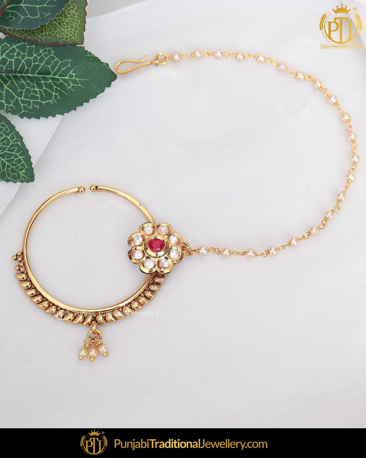Gold Finished Rubby Kundan Pearl Nath | Punjabi Traditional Jewellery Exclusive