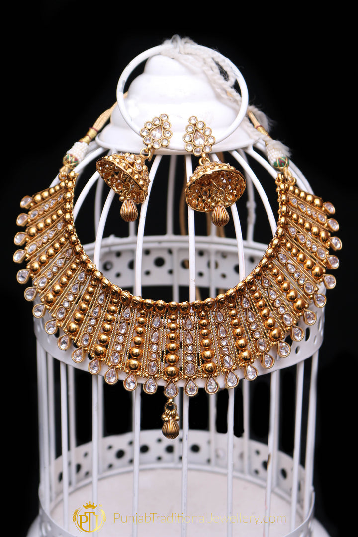 Gold Plated Polki Choker Necklace Set By Punjabi Traditional Jewellery
