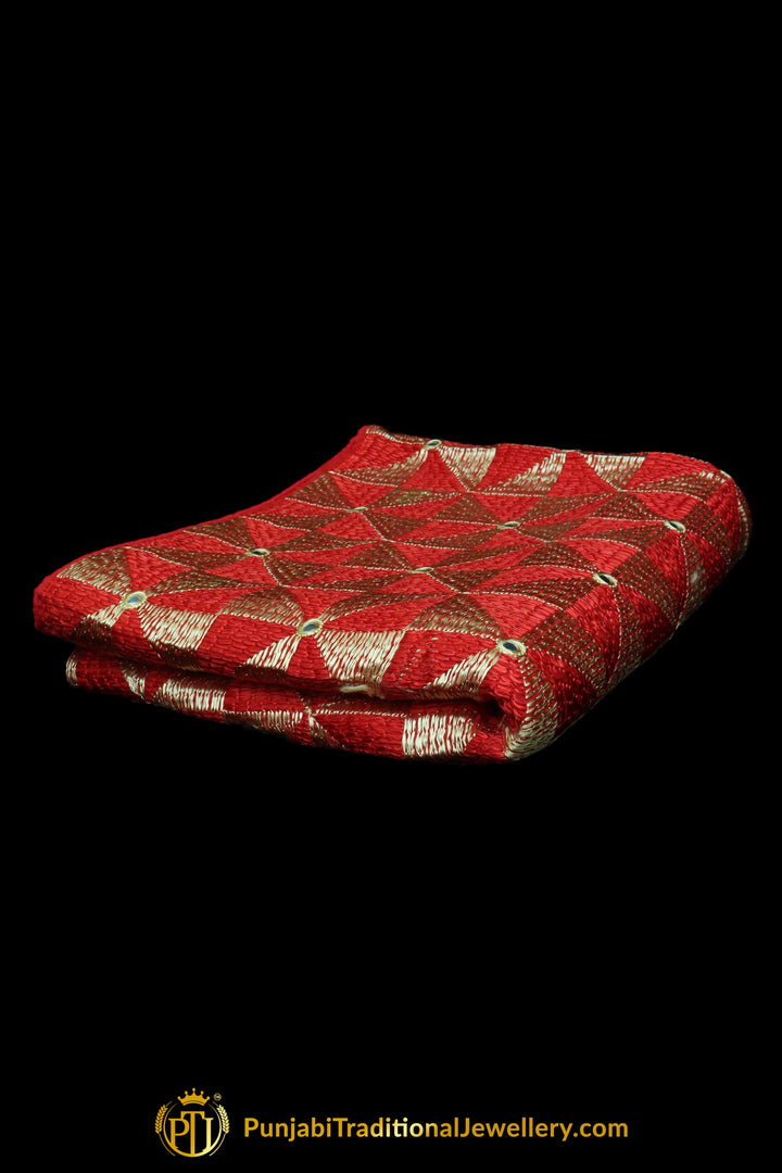 Pure Phulkari Dupatta With Golden & Red Color By Punjabi Traditional Jewellery