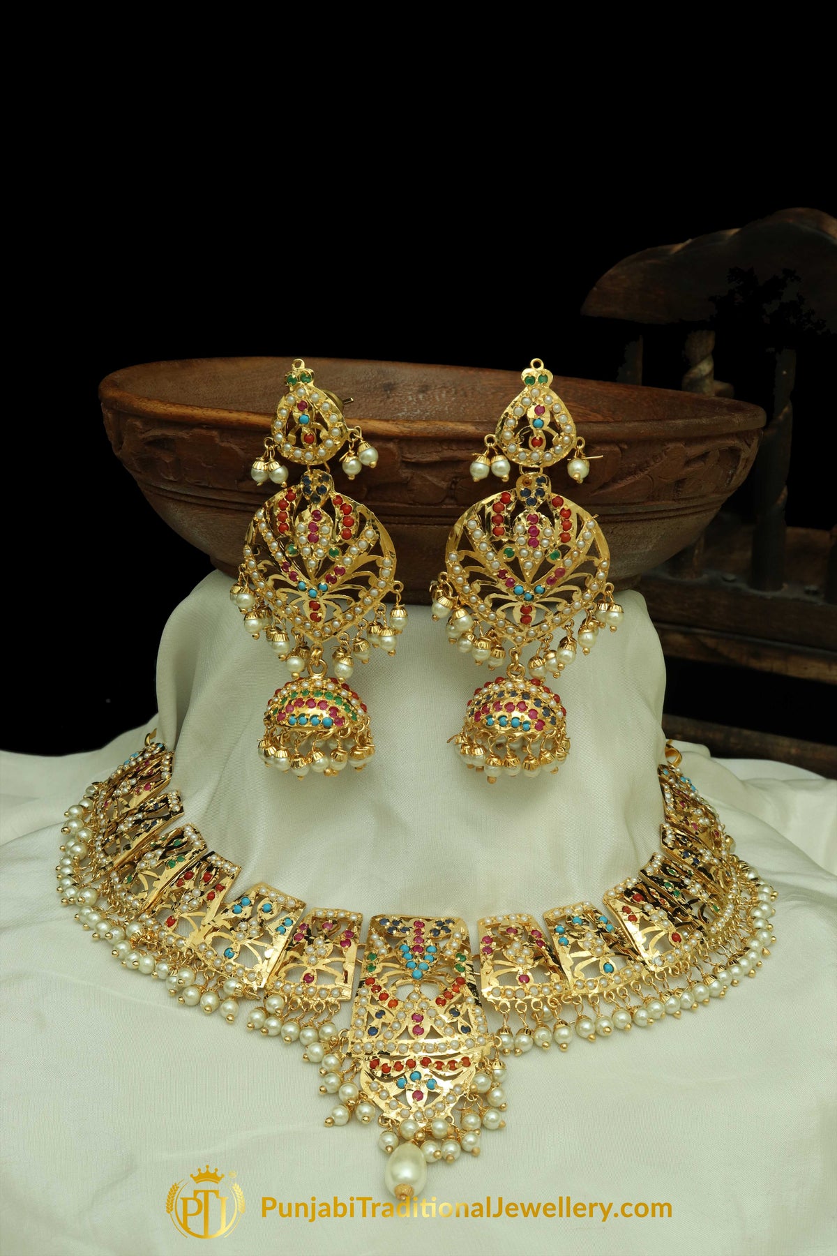 Multi Jadau Necklace Set By Punjabi Traditional Jewellery
