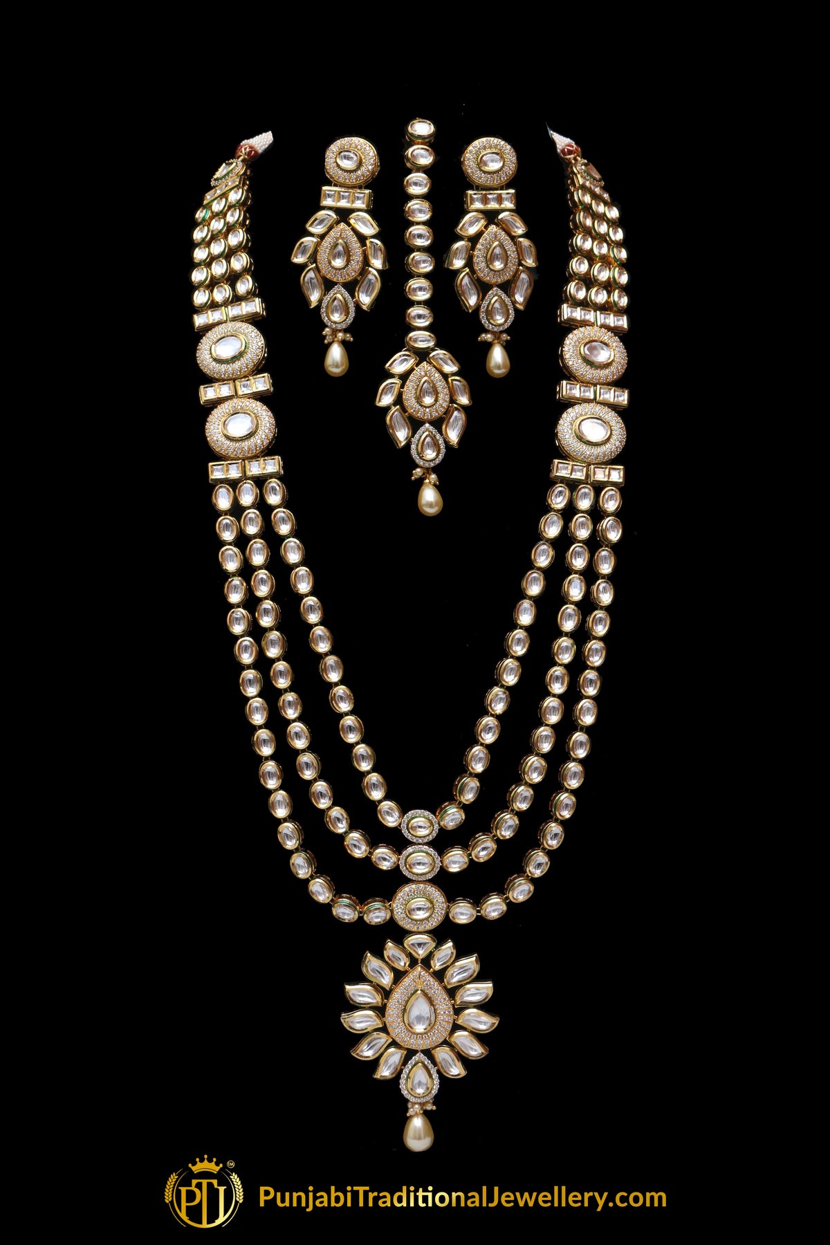 Triple Stringed Kundan With Pendant Necklace Set By Punjabi Traditional Jewellery