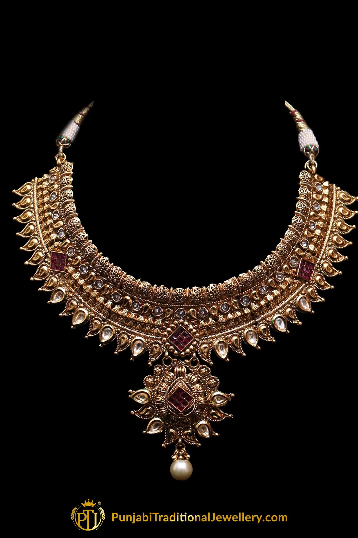 Red Antique Gold Choker Necklace Set By Punjabi Traditional Jewellery