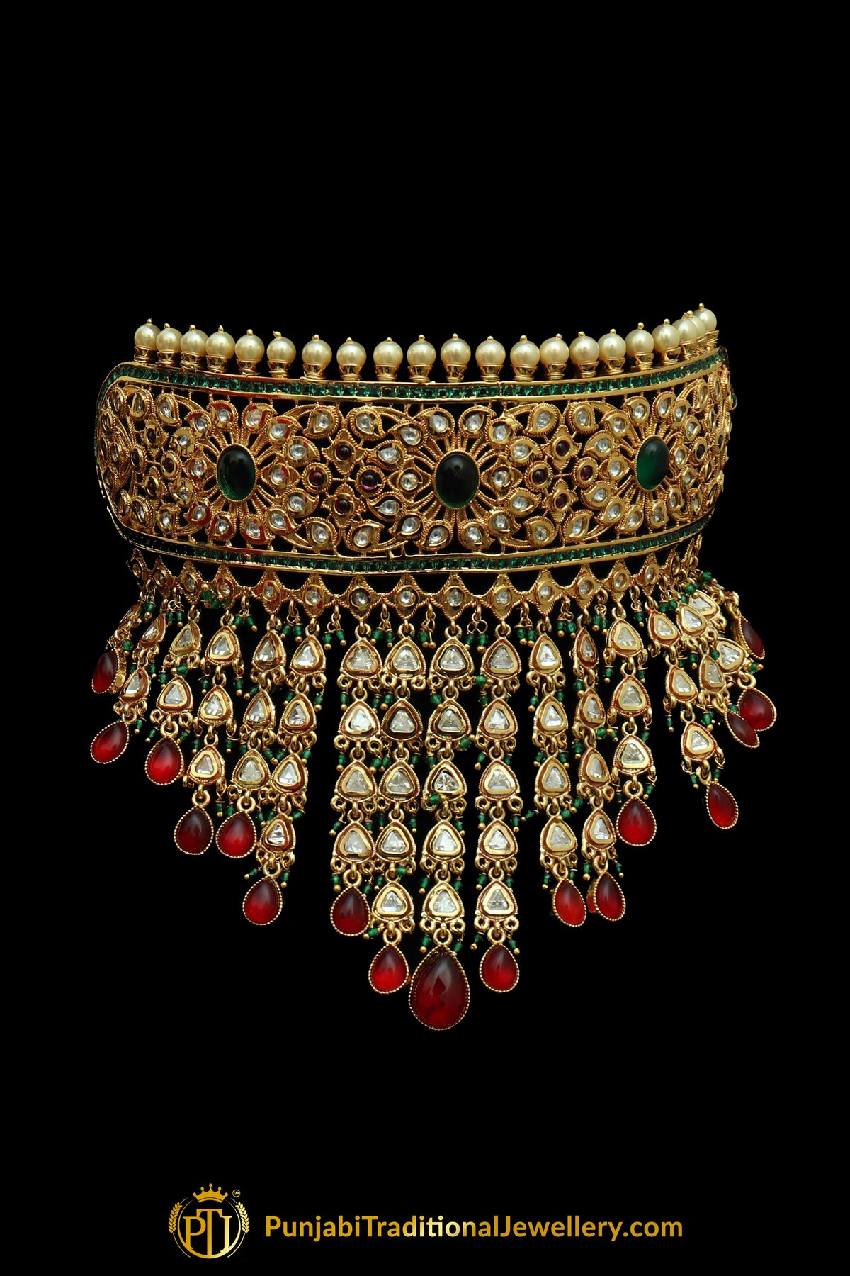 Green Red Kundan Choker Necklace Set By Punjabi Taditional Jewellery