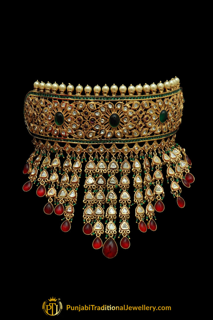 Green Red Kundan Choker Necklace Set By Punjabi Taditional Jewellery
