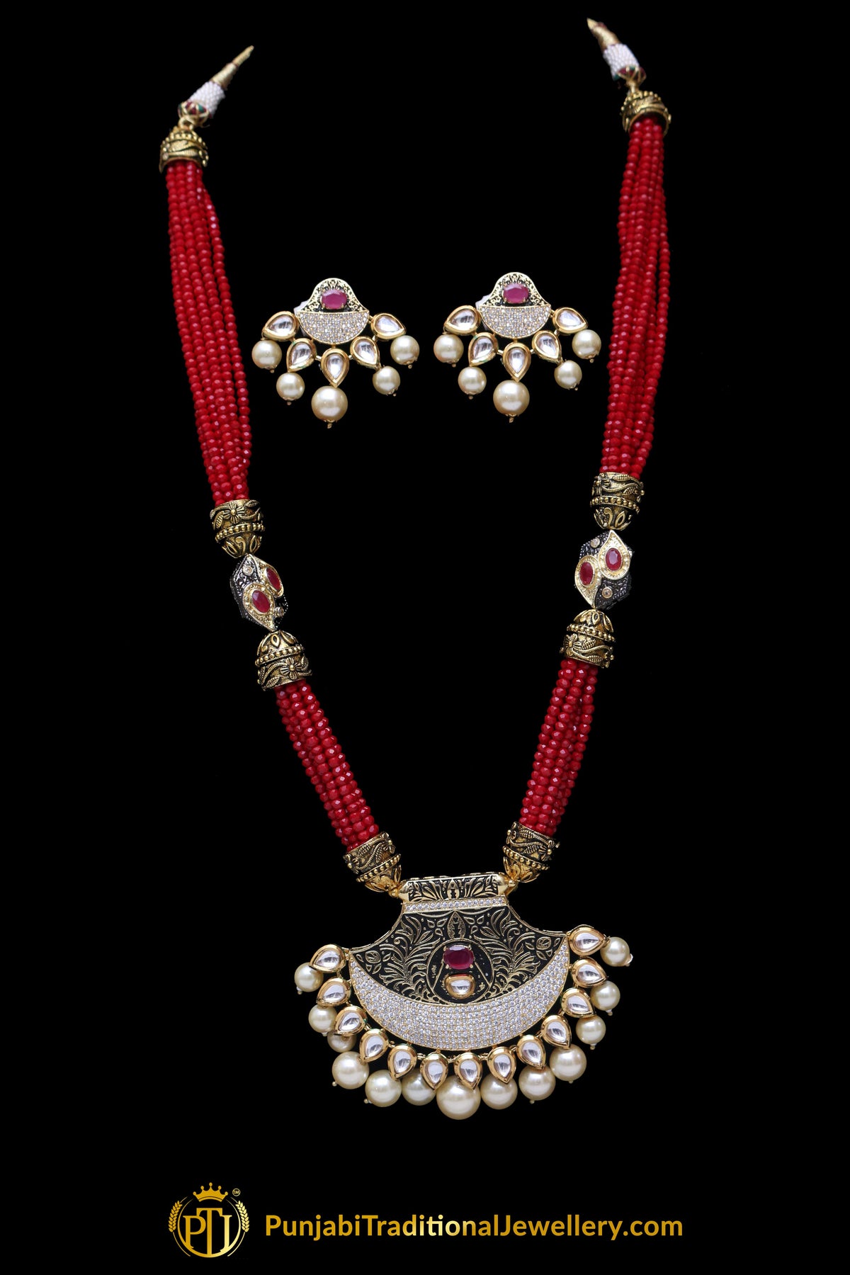 Red Kundan Meena Necklace Set By Punjabi Taditional Jewellery