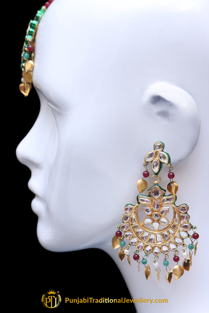 Maroon Kundan Pippal Patti Earring Tikka Set By Punjabi Traditional Jewellery