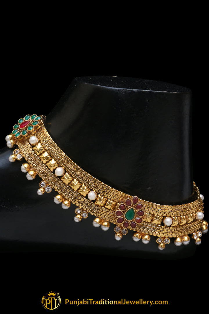 Gold Plated With Pearl Payal By Punjabi Traditional Jewellery