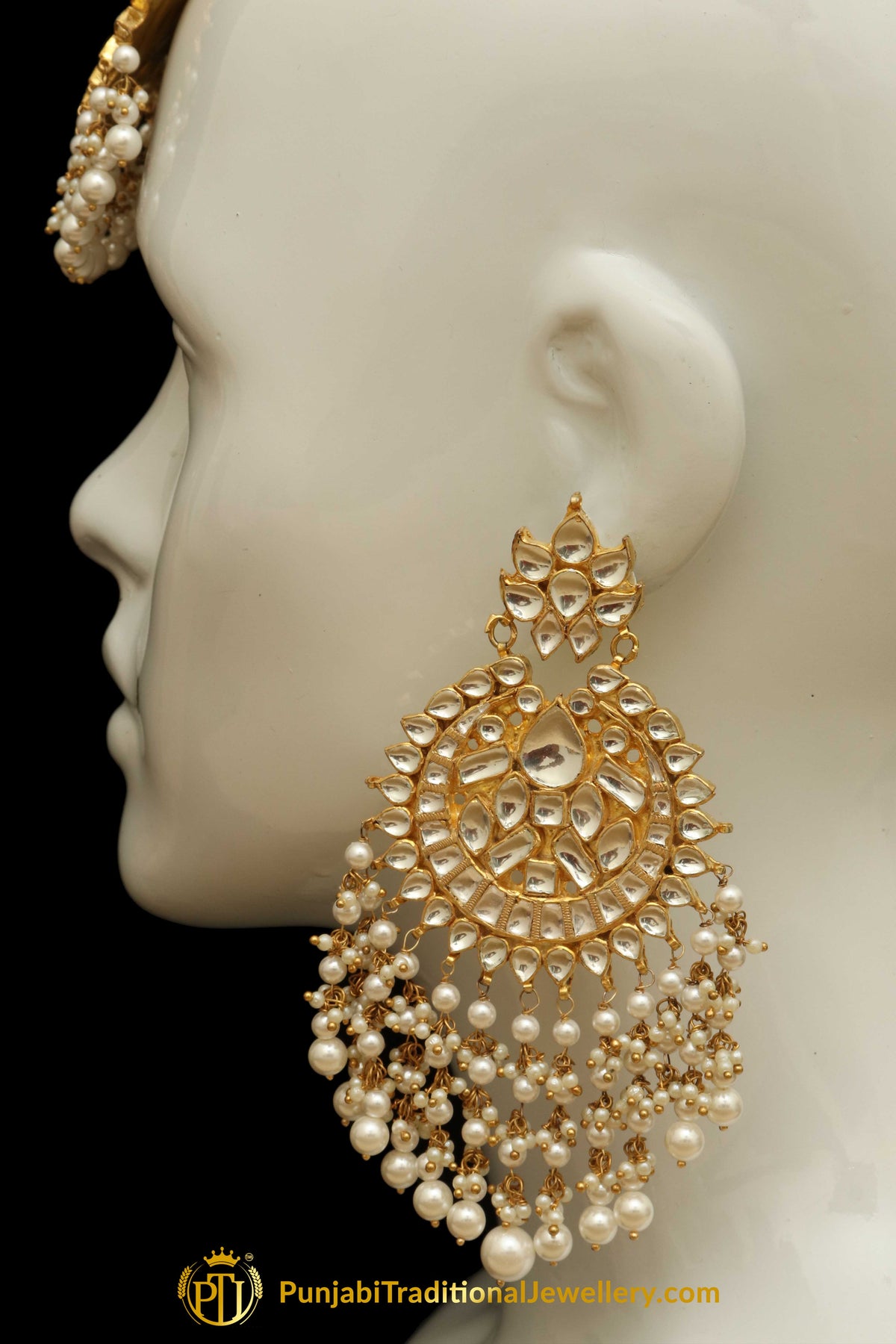 Golden Kundan Pearl Earring Tikka Set | Punjabi Traditional Jewellery Exclusive