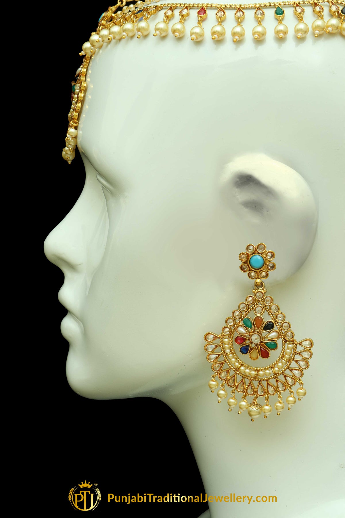 Multi Polki Matha Patti Earrings By Punjabi Traditional Jewellery