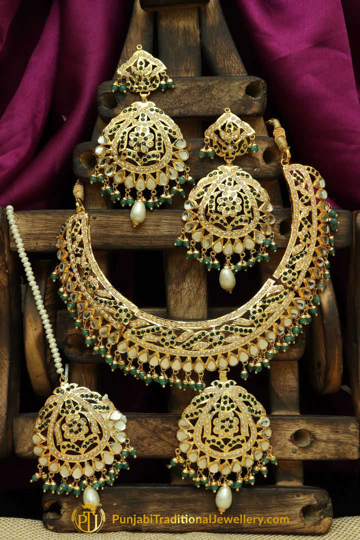 Green Jadau Kundan Necklace Set By Punjabi Traditional Jewellery