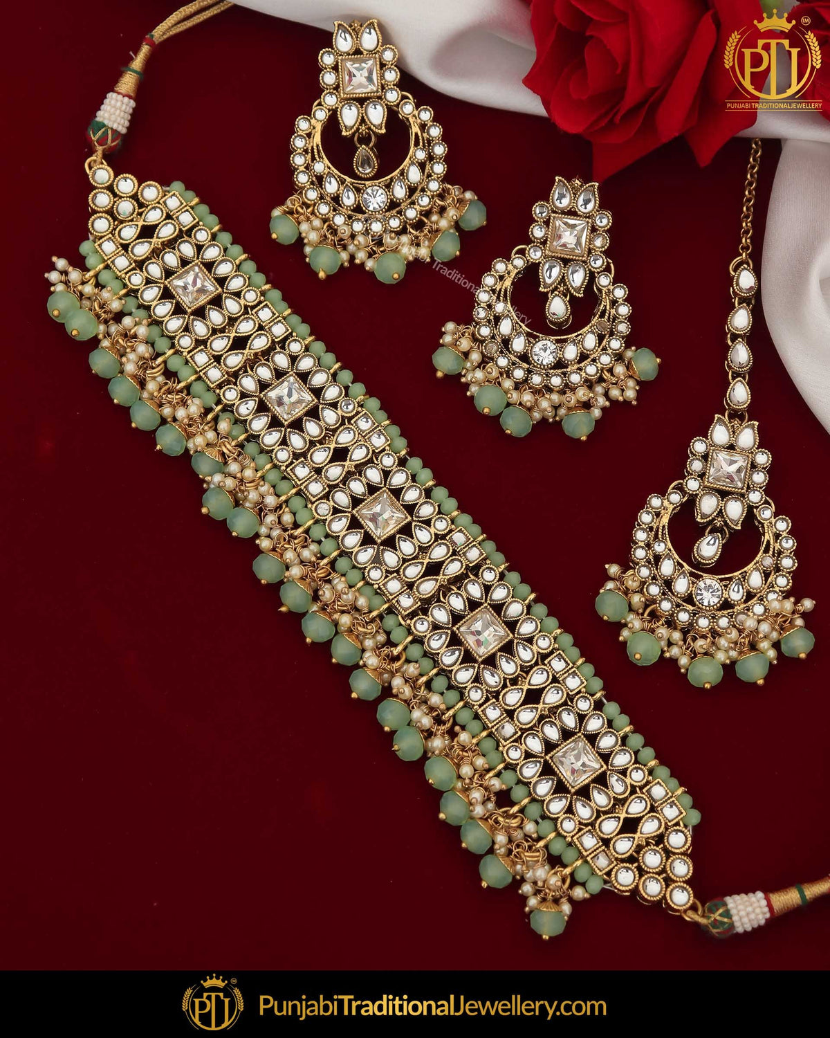 Gold Finished Kundan Pista Green Pearl Choker Necklace Set | Punjabi Traditional Jewellery Exclusive