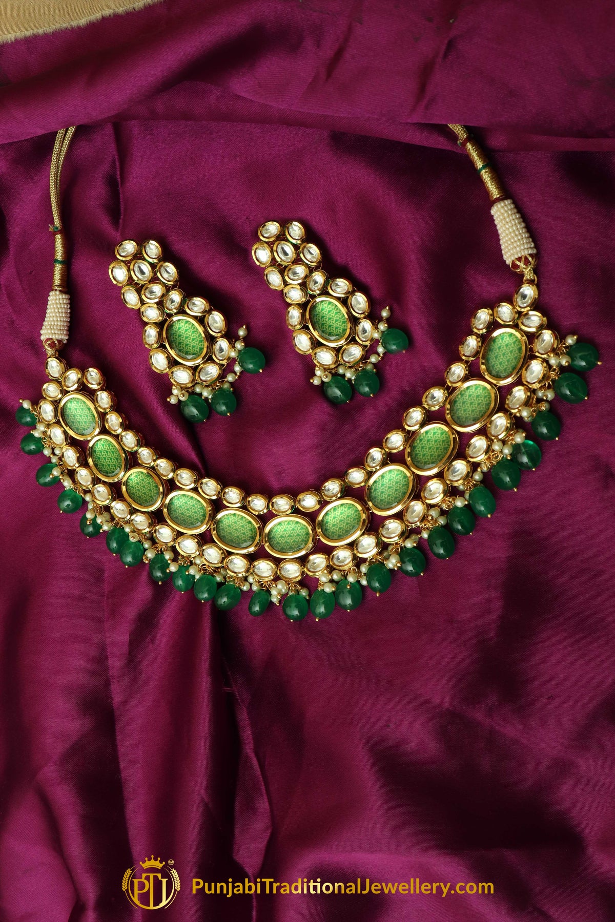 Green Kundan Necklace Set By Punjabi Traditional Jewellery