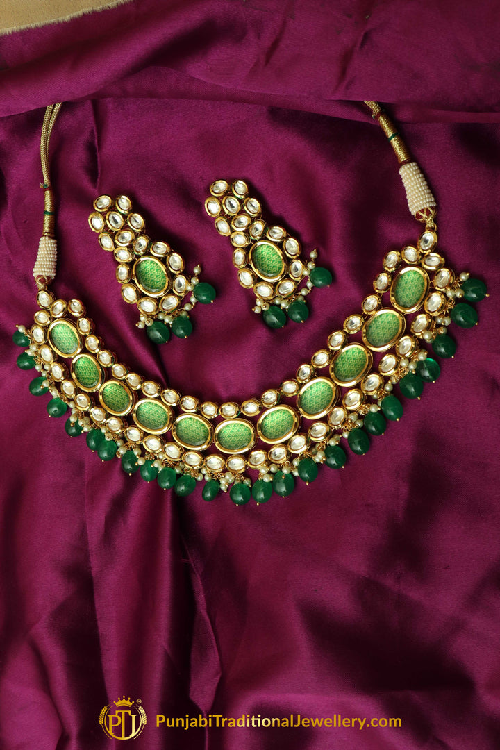Green Kundan Necklace Set By Punjabi Traditional Jewellery