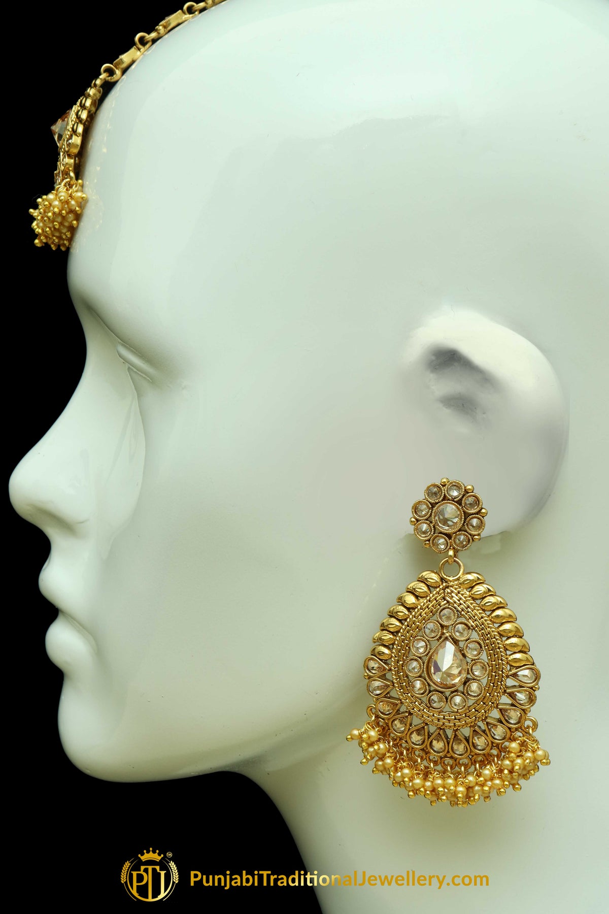 Golden Polki Earrings Tikka Set By Punjabi Traditional Jewellery