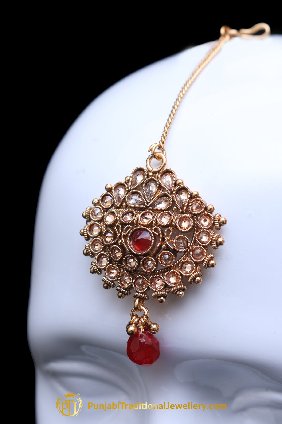 Red Champagne Stone Earring Tikka Set By Punjabi Traditional Jewellery