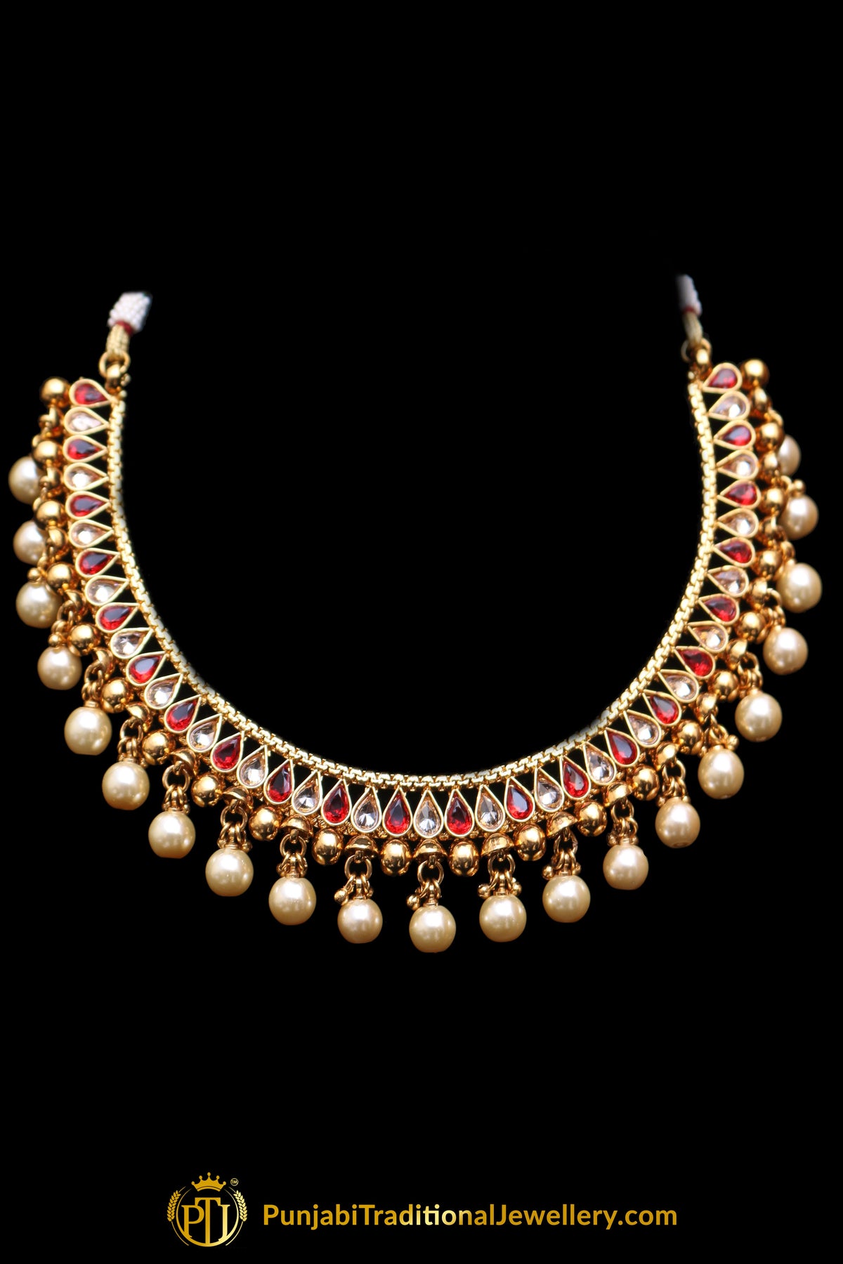 Red Polki Pearl Necklace Set By Punjabi Taditional Jewellery