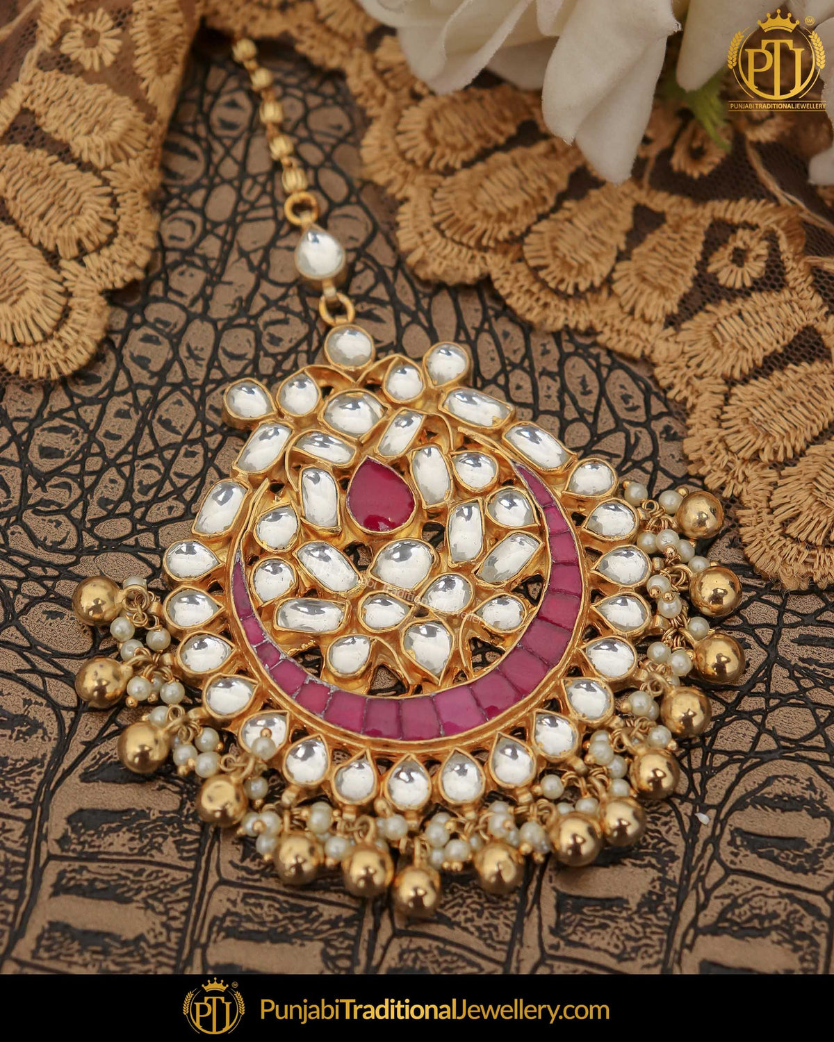 Gold Finished Kundan Red Pearl Tikka | Punjabi Traditional Jewellery Exclusive