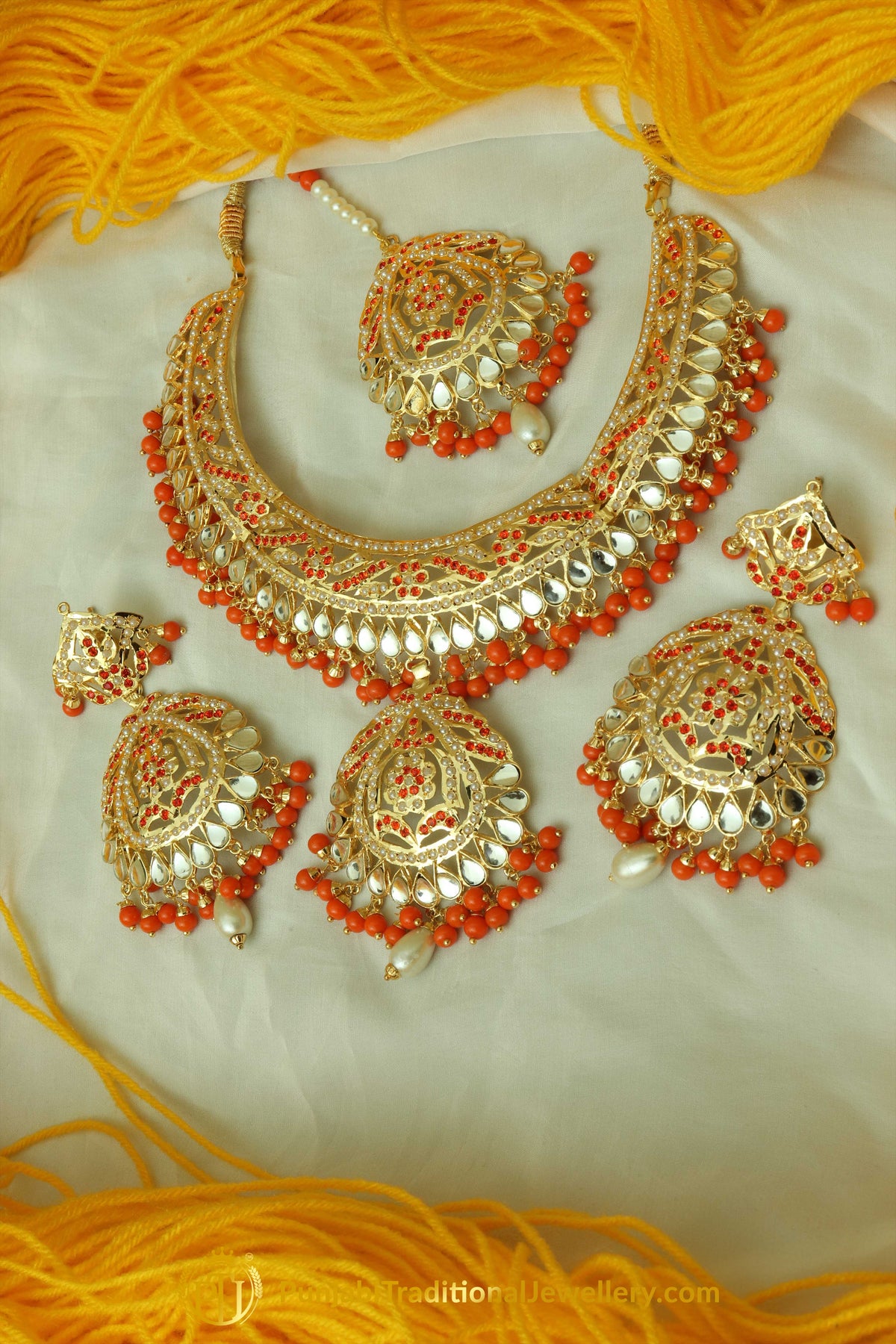 Orange Jadau Kundan Necklace Set By Punjabi Traditional Jewellery