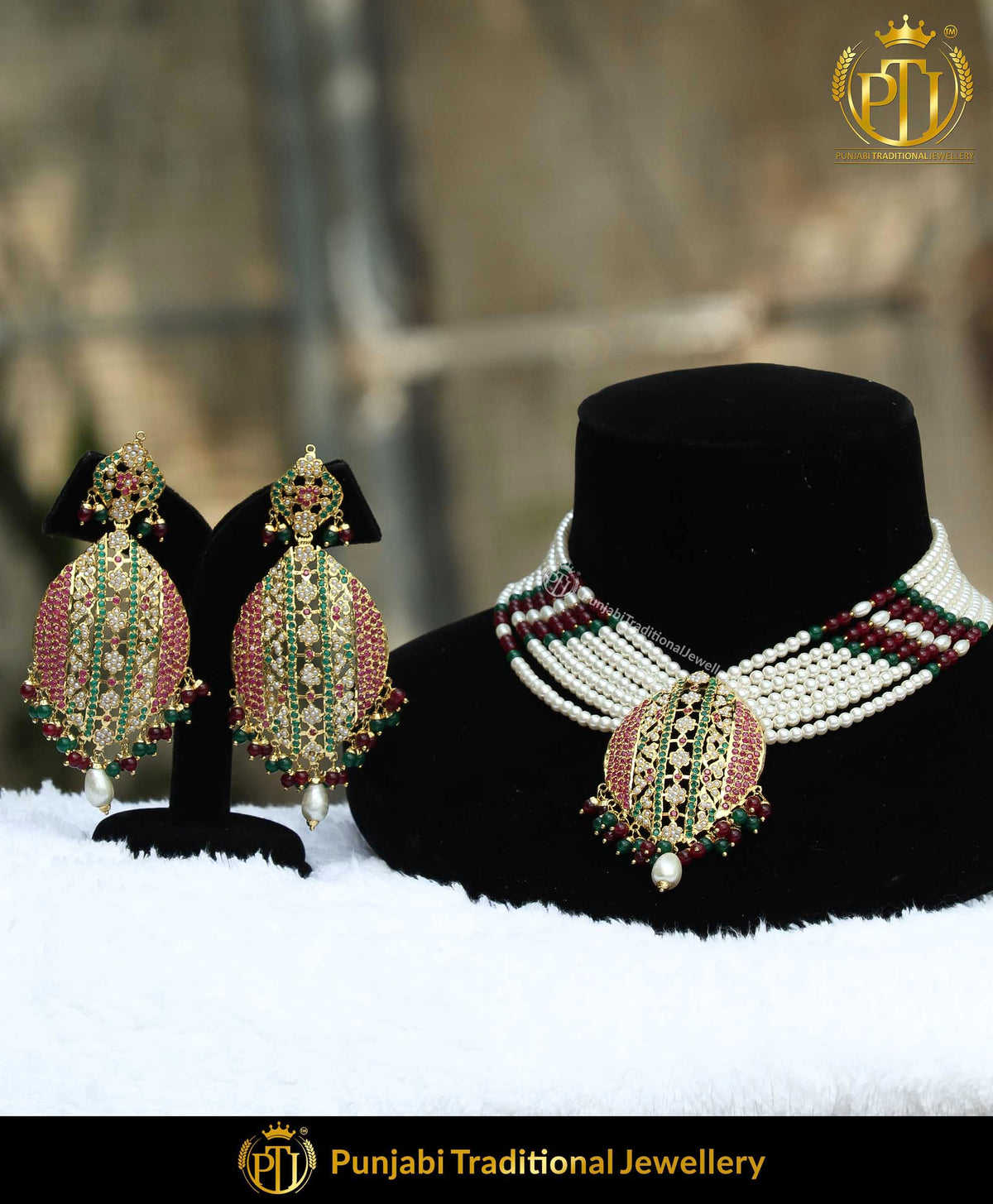 Emerald Rubby Jadau Necklace Set | Punjabi Traditional Jewellery Exclusive
