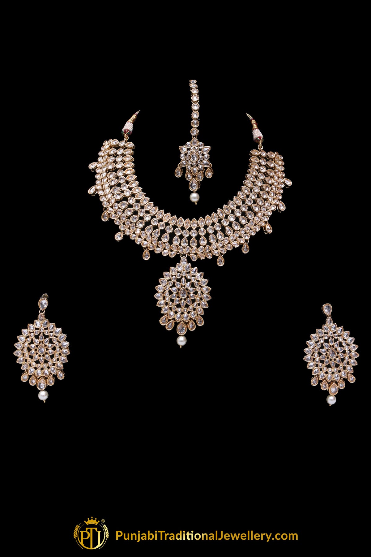 Golden Champagne Stone Pearl Necklace Set By Punjabi Traditional Jewellery