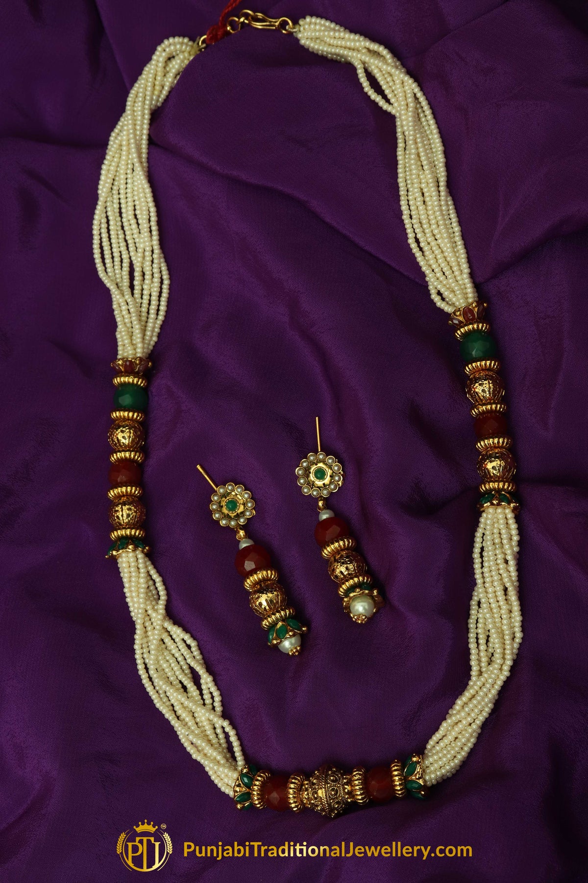 Rubby Panna Pearl Jodha Mala Necklace Set By Punjabi Traditional Jewellery