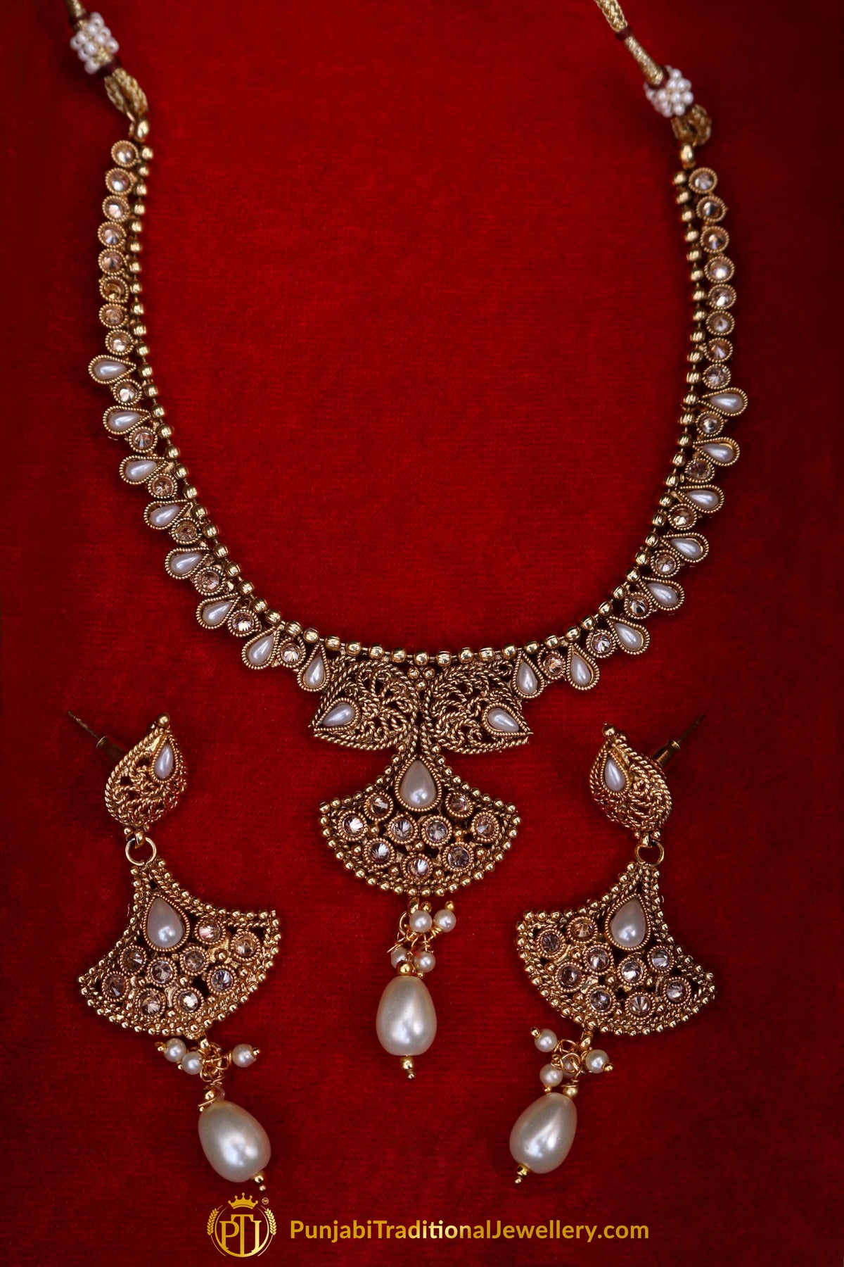 Qatra Antique Gold Pearl Polki Necklace Set By Punjabi Traditional Jewellery