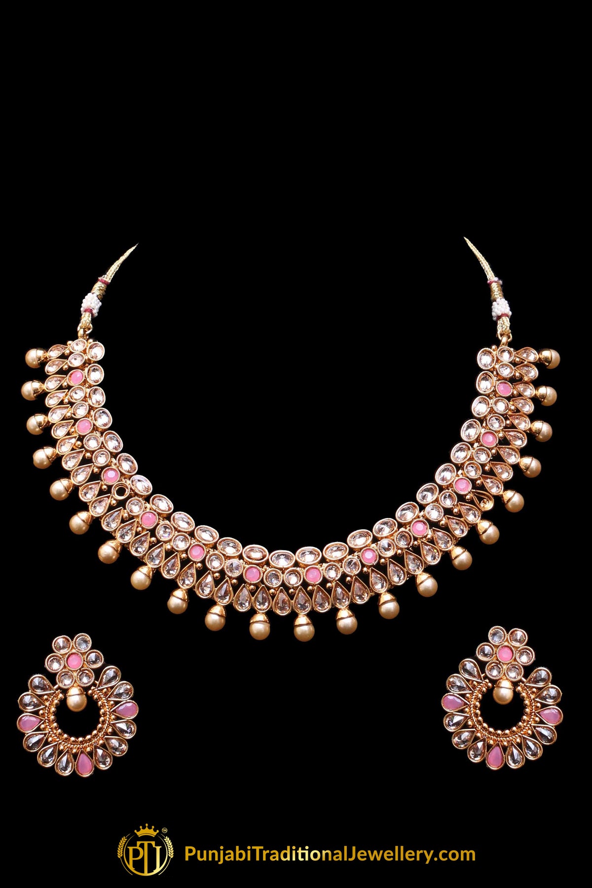 Pink Pearl Polki Antique Gold Necklace Set By Punjabi Taditional Jewellery