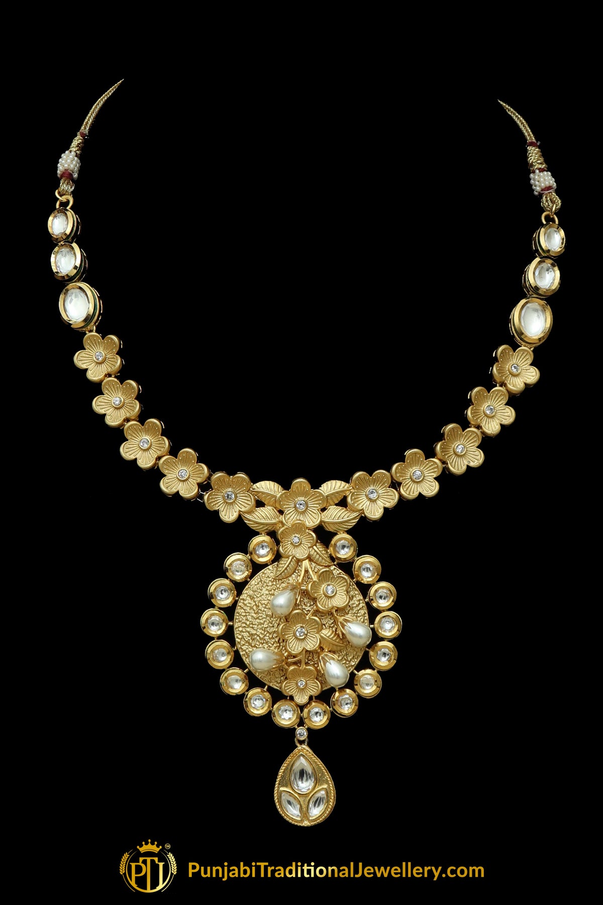 Matt Gold Kundan Pearl Necklace Set By Punjabi Taditional Jewellery