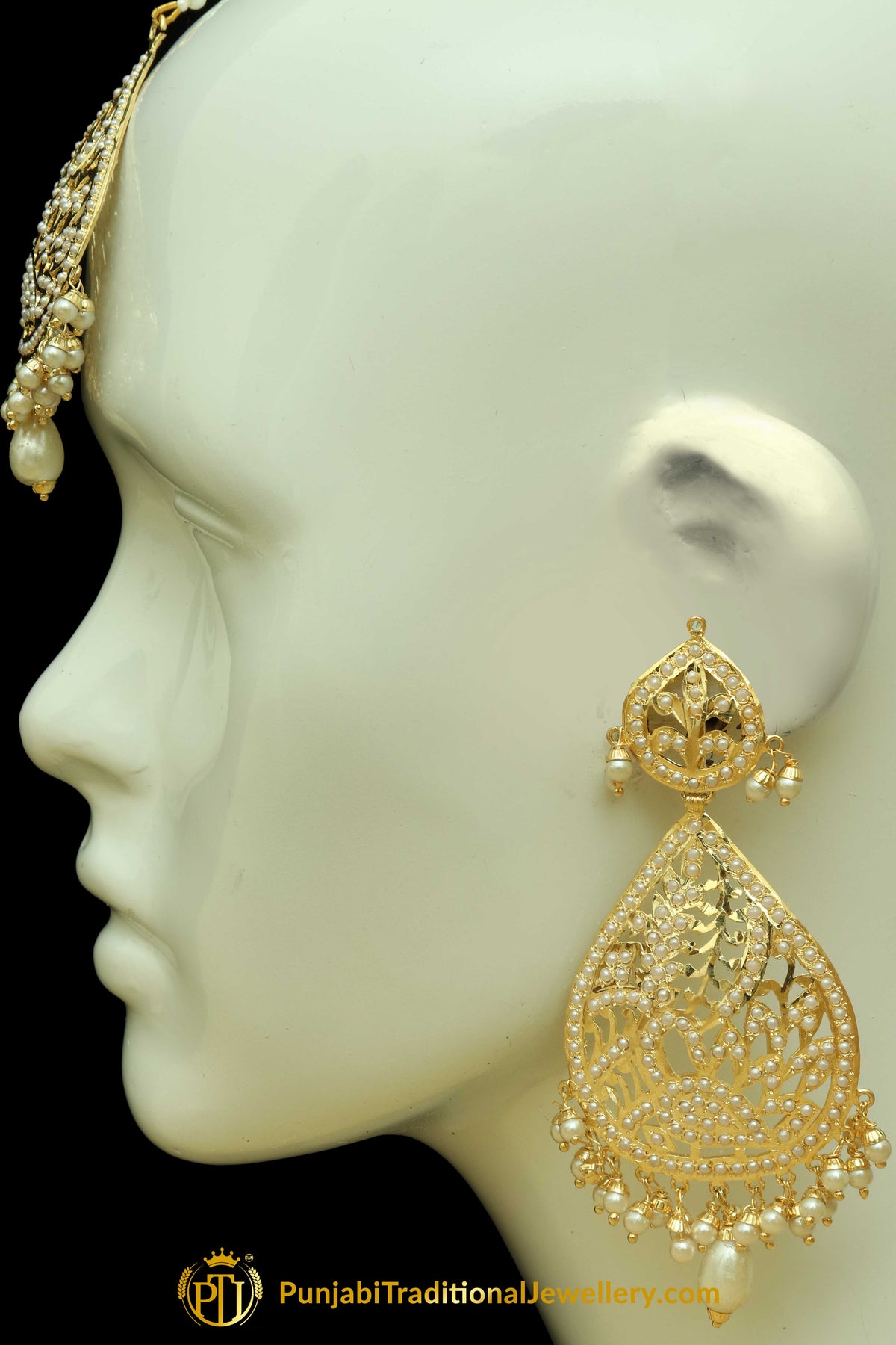 Golden Jadau Pearl Earring Tikka Set By Punjabi Traditional Jewellery