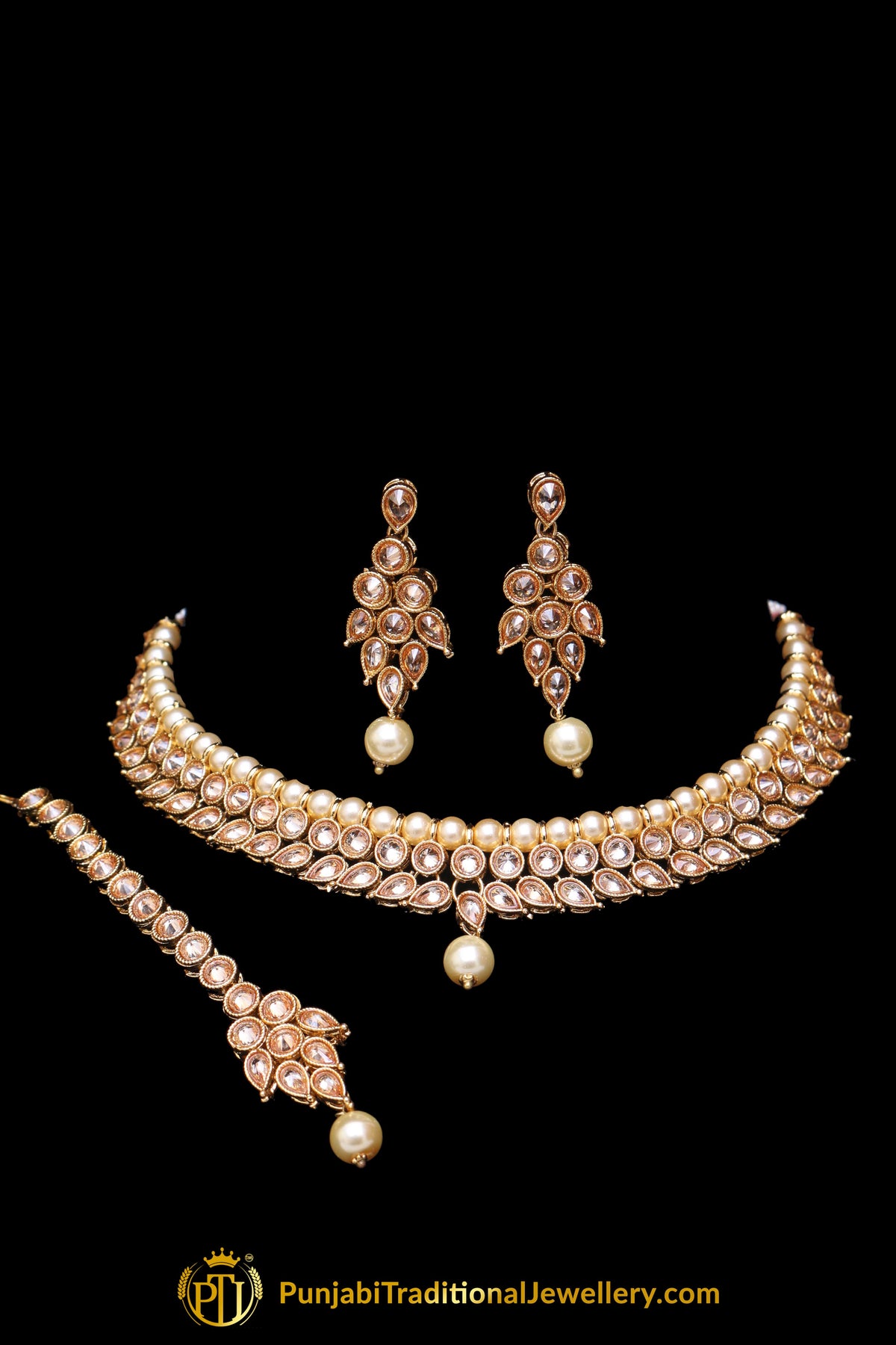 Pearl Champagne Stone Necklace Set By Punjabi Taditional Jewellery