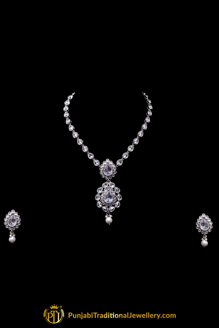 Silver Polki Pearl Necklace Set By Punjabi Traditional Jewellery