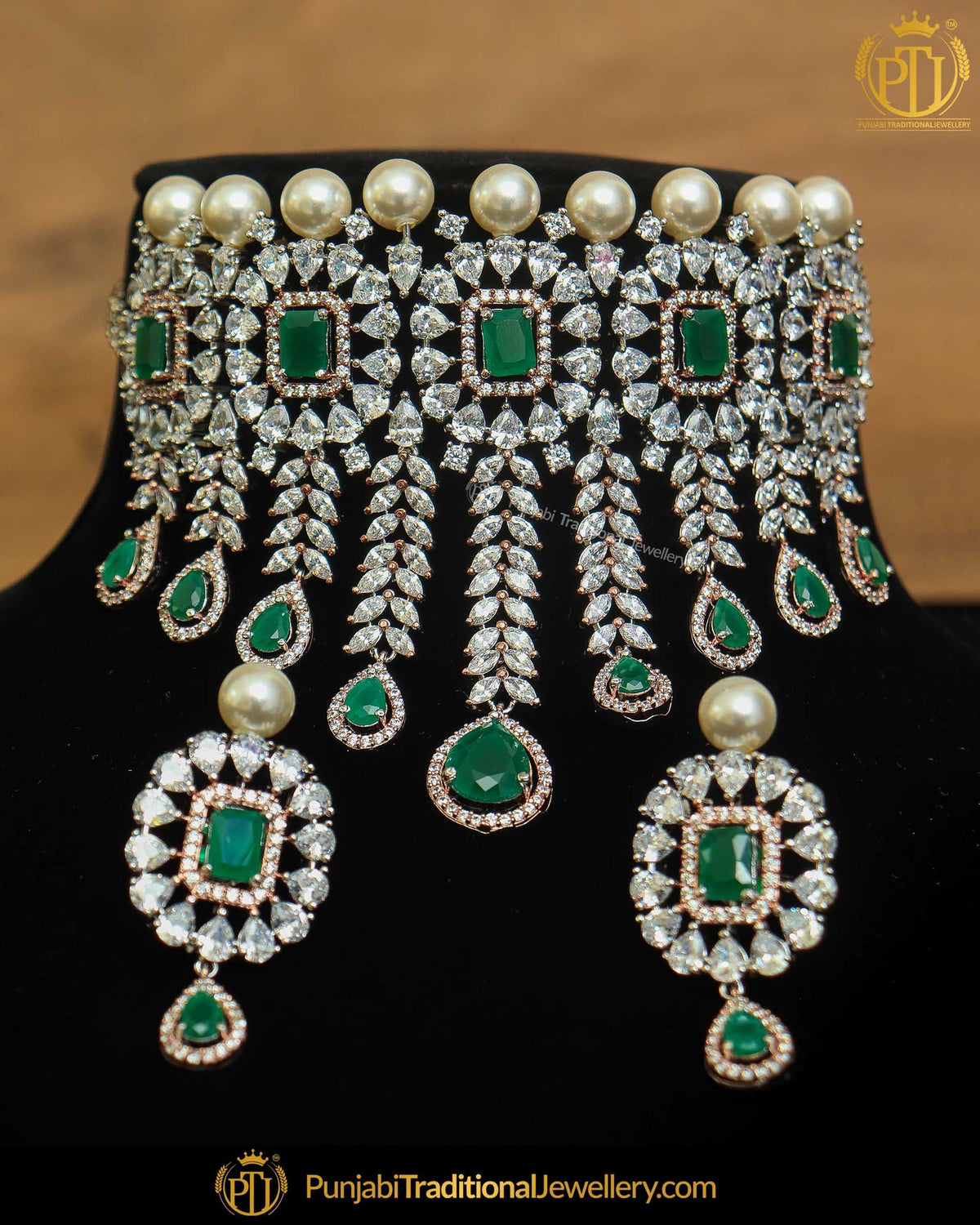 Gold Finished Emerald American Diamond Choker Necklace & Stud Earrings | Punjabi Traditional Jewellery Exclusive