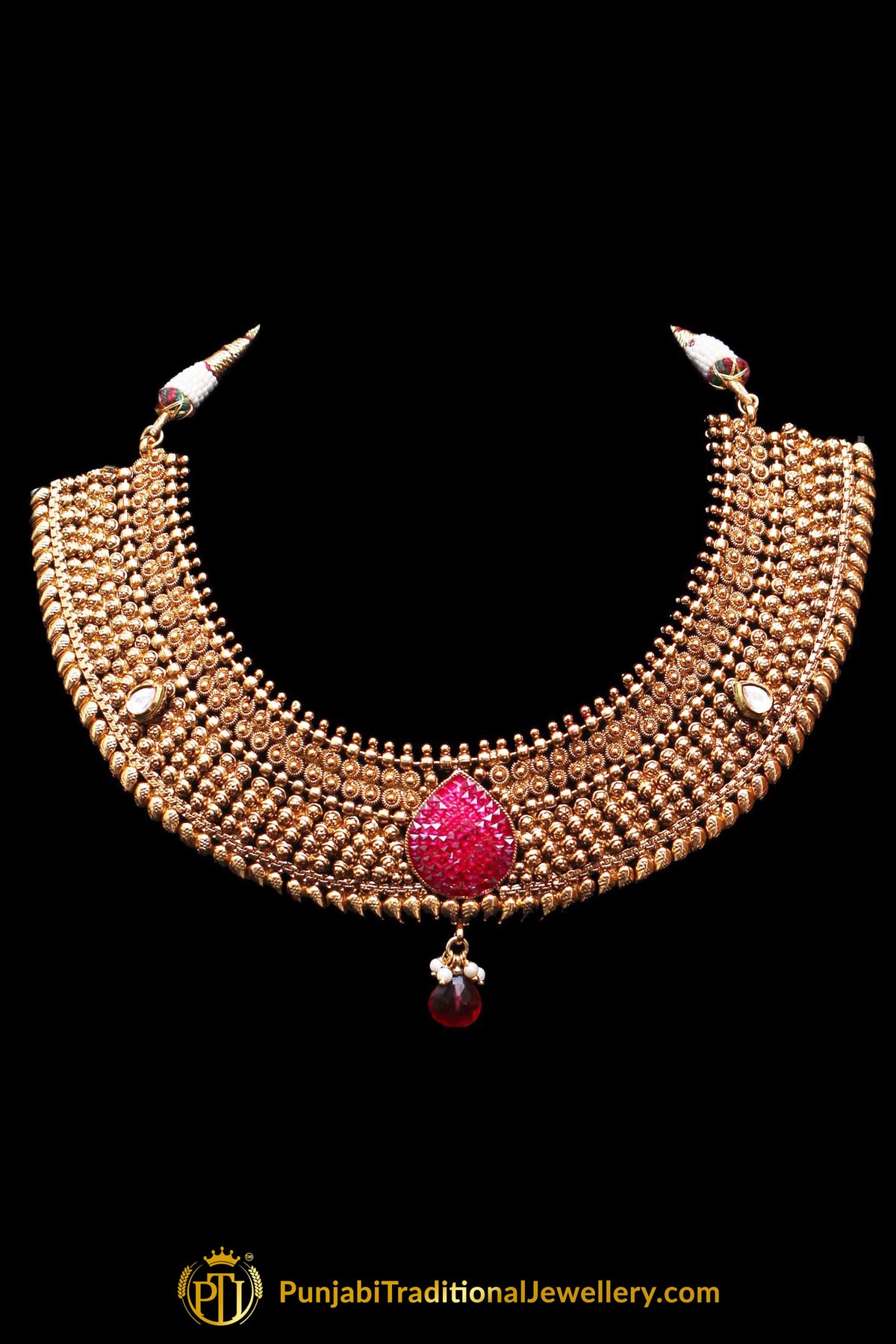 Maroon Antique Gold Pearl Choker Necklace Set By Punjabi Traditional Jewellery