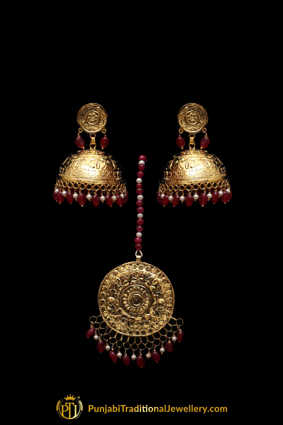 Red Jhumki Earrings & Tikka Set By Punjabi Traditional Jewellery