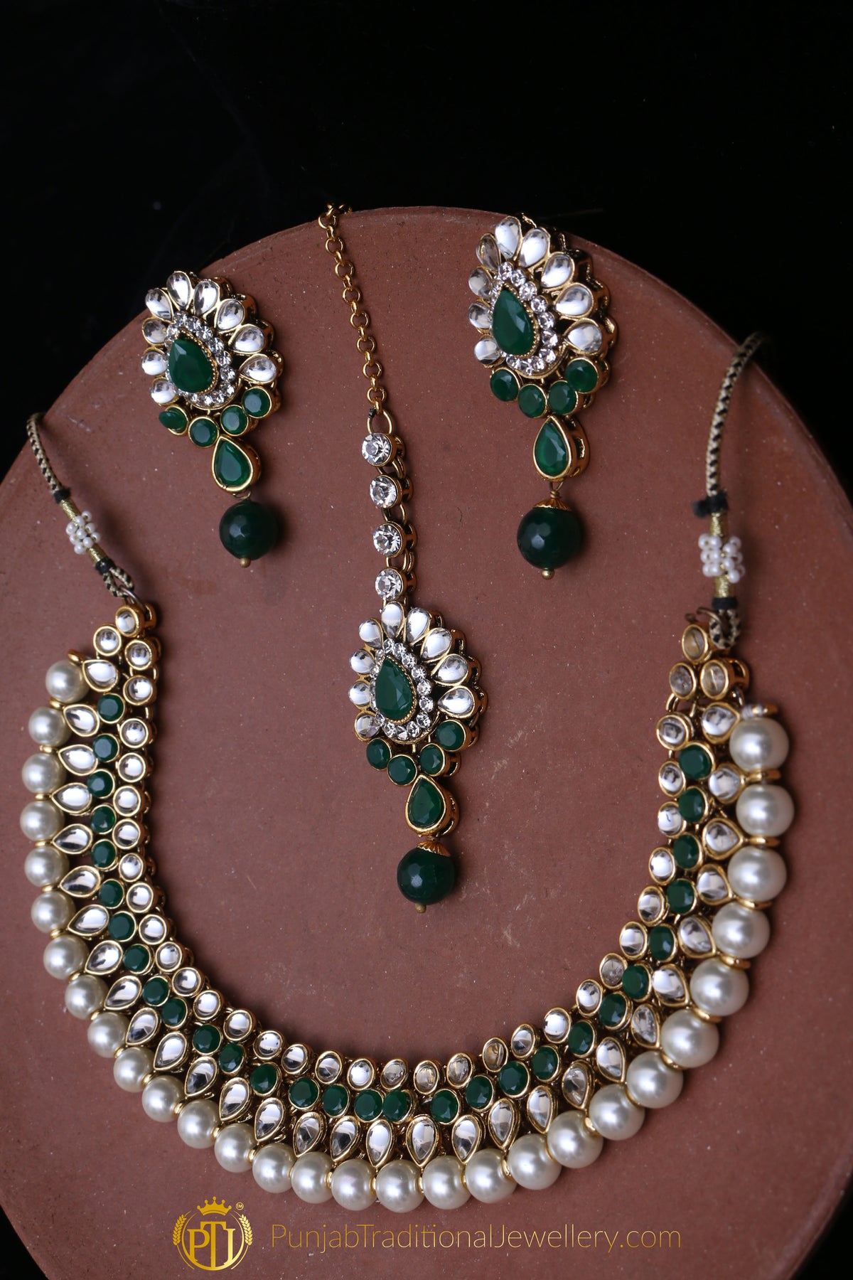 White & Green Kundan Necklace Set By Punjabi Traditional Jewellery