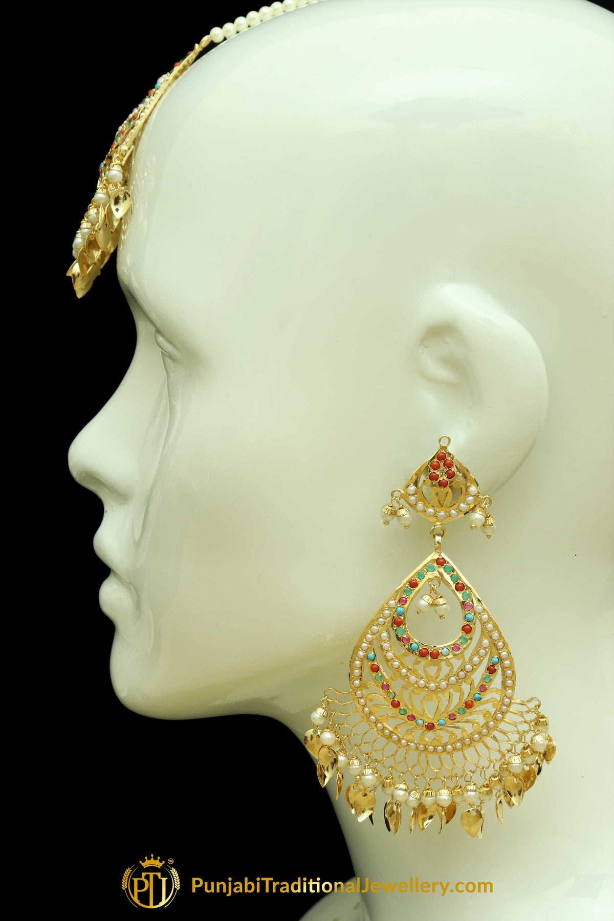 Gold Finished Navratan Jadau Pippal Patti Earring Tikka Set By Punjabi Traditional Jewellery