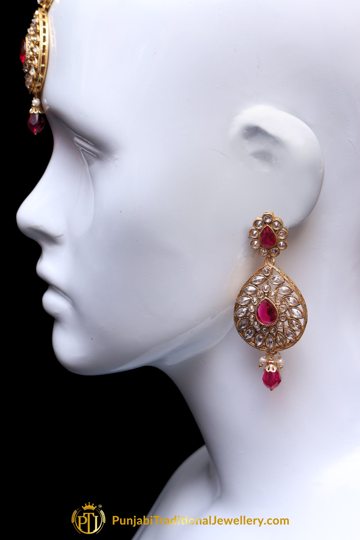 Red Polki Earring Tikka Set By Punjabi Traditional Jewellery