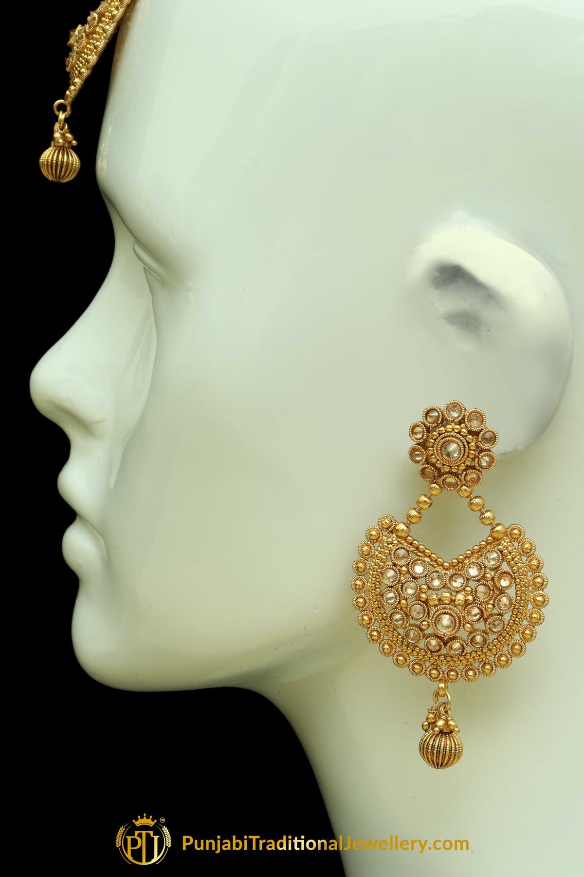 Golden Polki Earrings Tikka Set By Punjabi Traditional Jewellery
