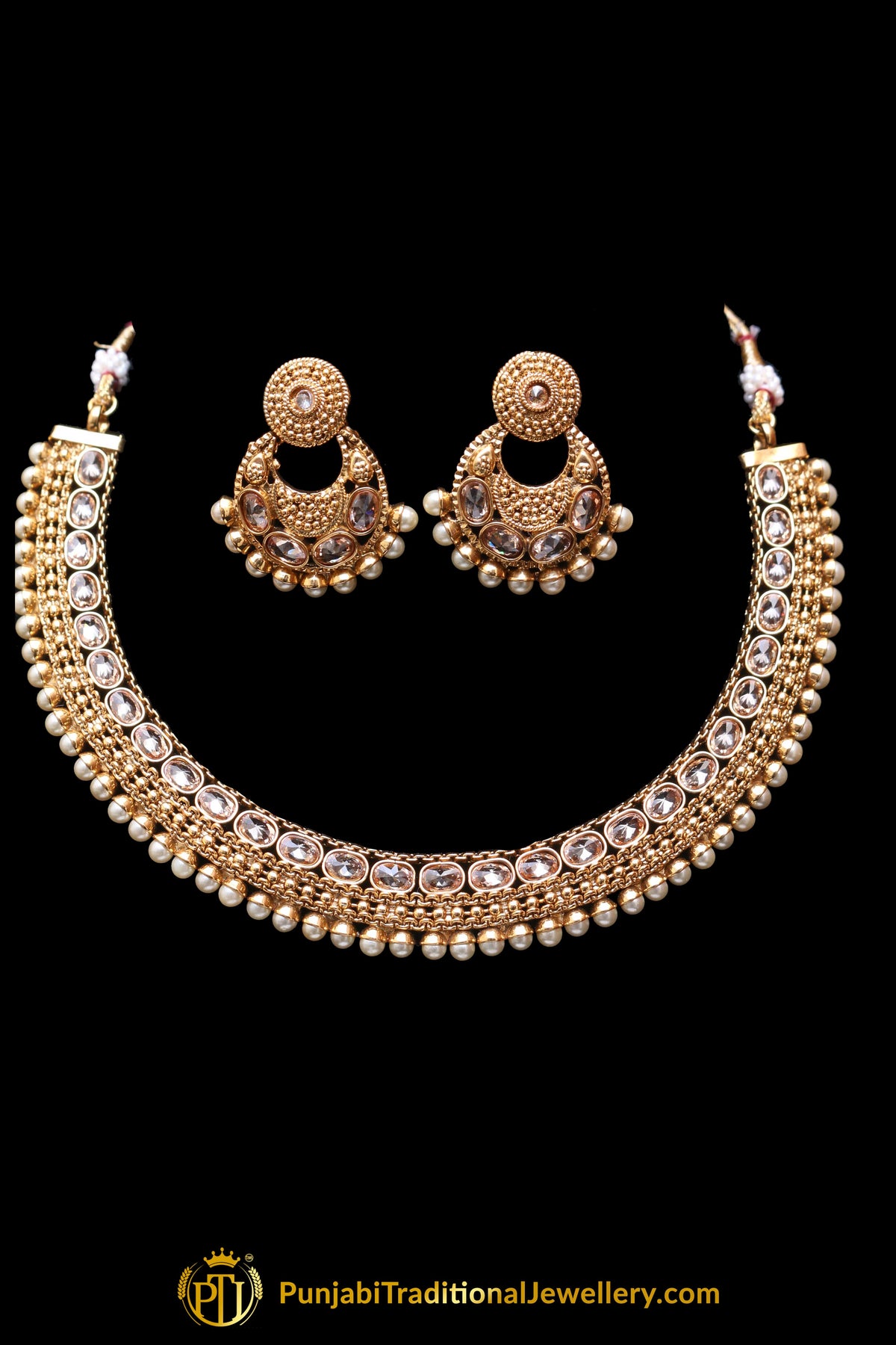 Pearl Polki Antique Gold Necklace Set By Punjabi Taditional Jewellery