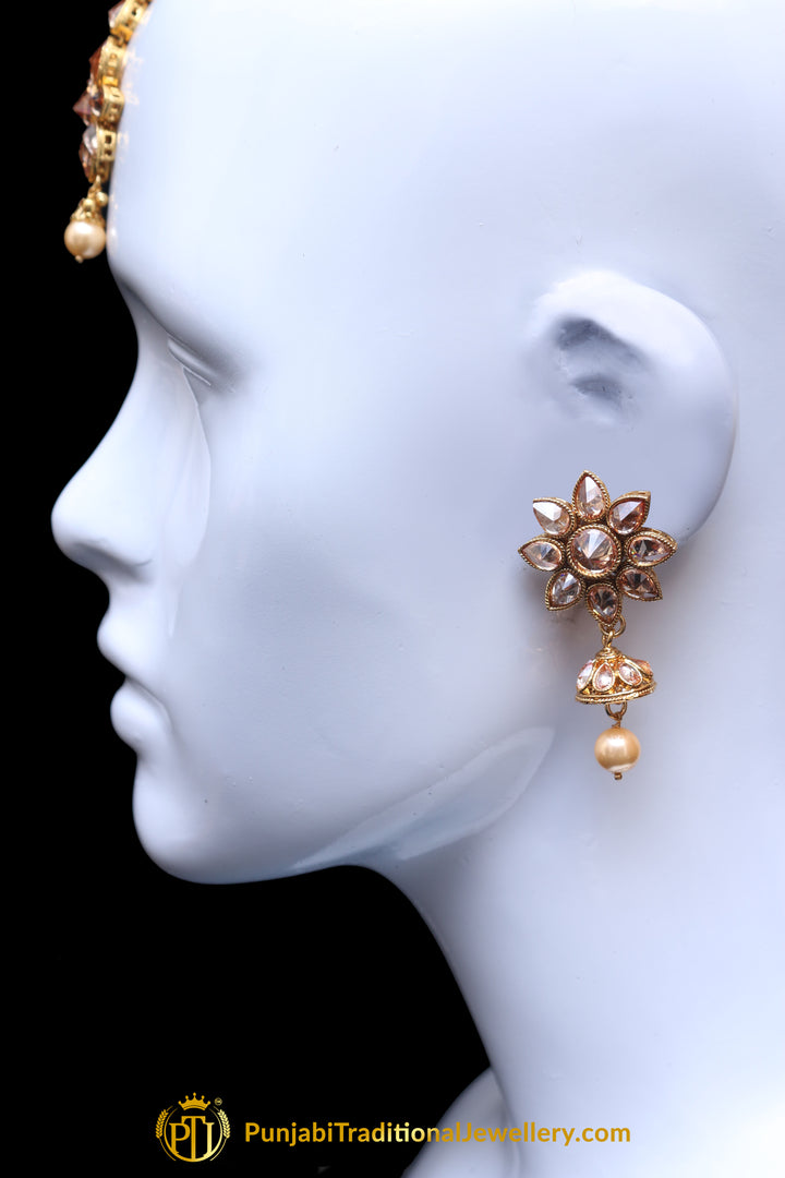 Champagne Stone Earring Tikka Set By Punjabi Traditional Jewellery