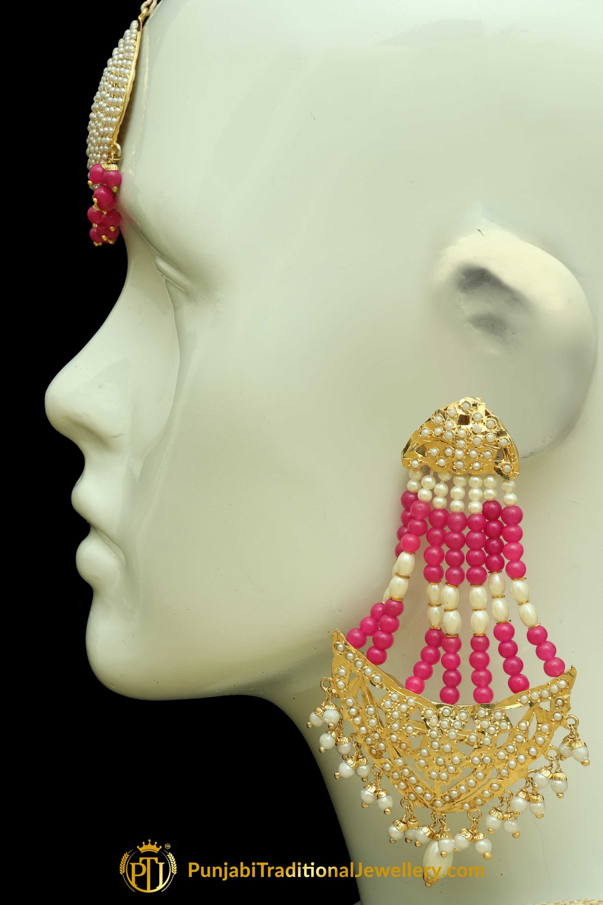 Pink Jadau Pearl Jhumar Earrings & Tikka Set By Punjabi Traditional Jewellery