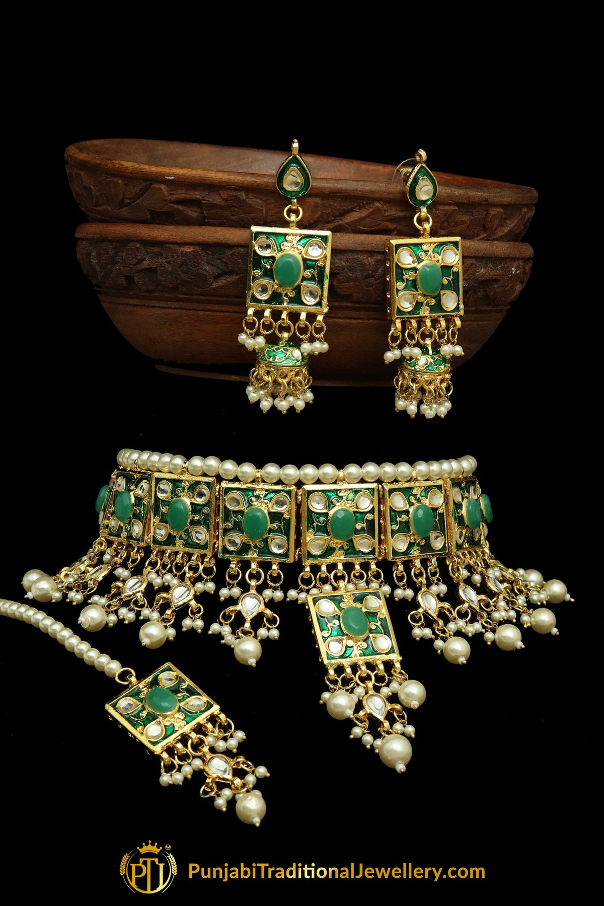 Green Meena Kundan Pearl Choker Necklace Set By Punjabi Traditional Jewellery
