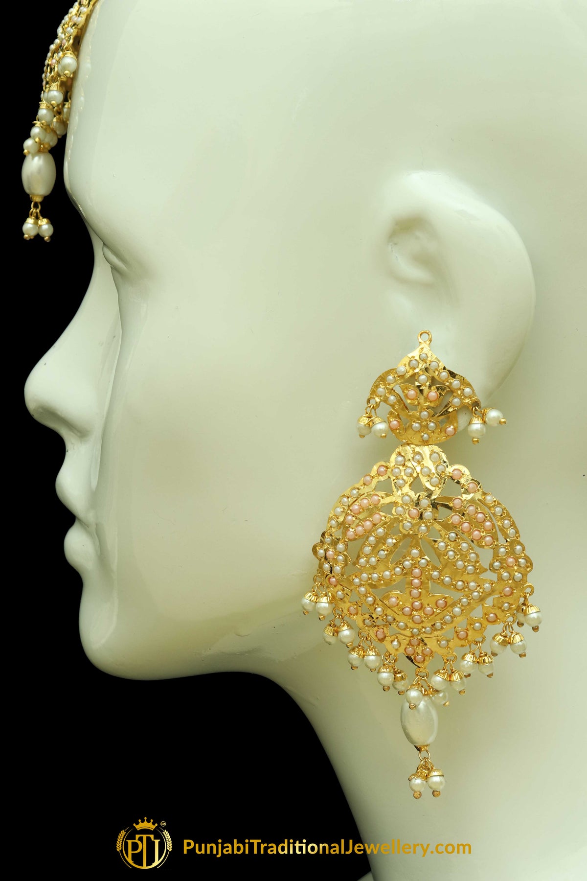 Gold Finished Jadau Earring Tikka Set By Punjabi Traditional Jewellery