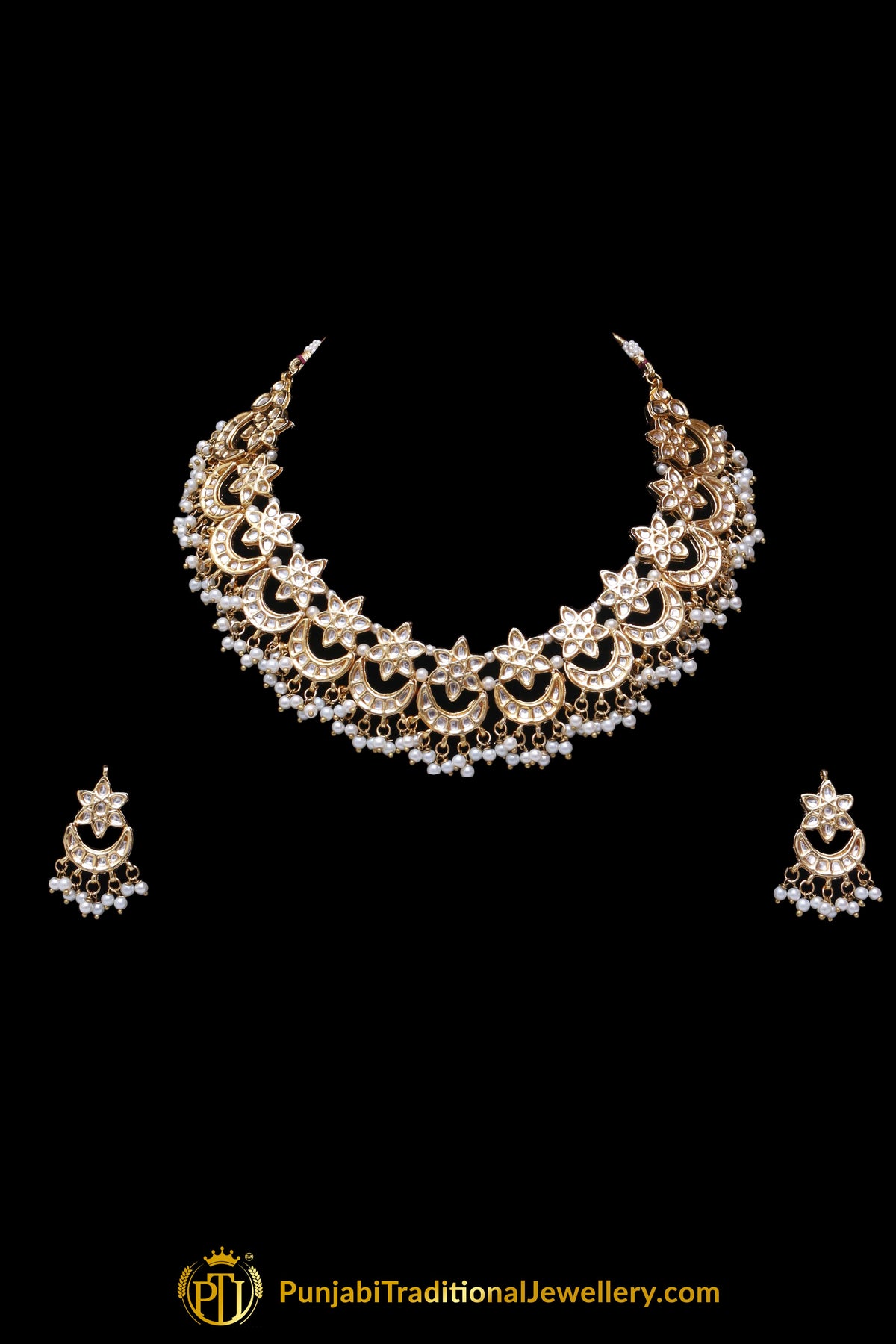 Golden Pearl Kundan Necklace Set Punjabi Traditional Jewellery